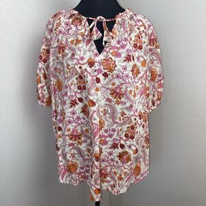 Knox Rose Top Women's XL Pink & Orange‎ Puff Sleeve Floral Cotton Boho Peasant